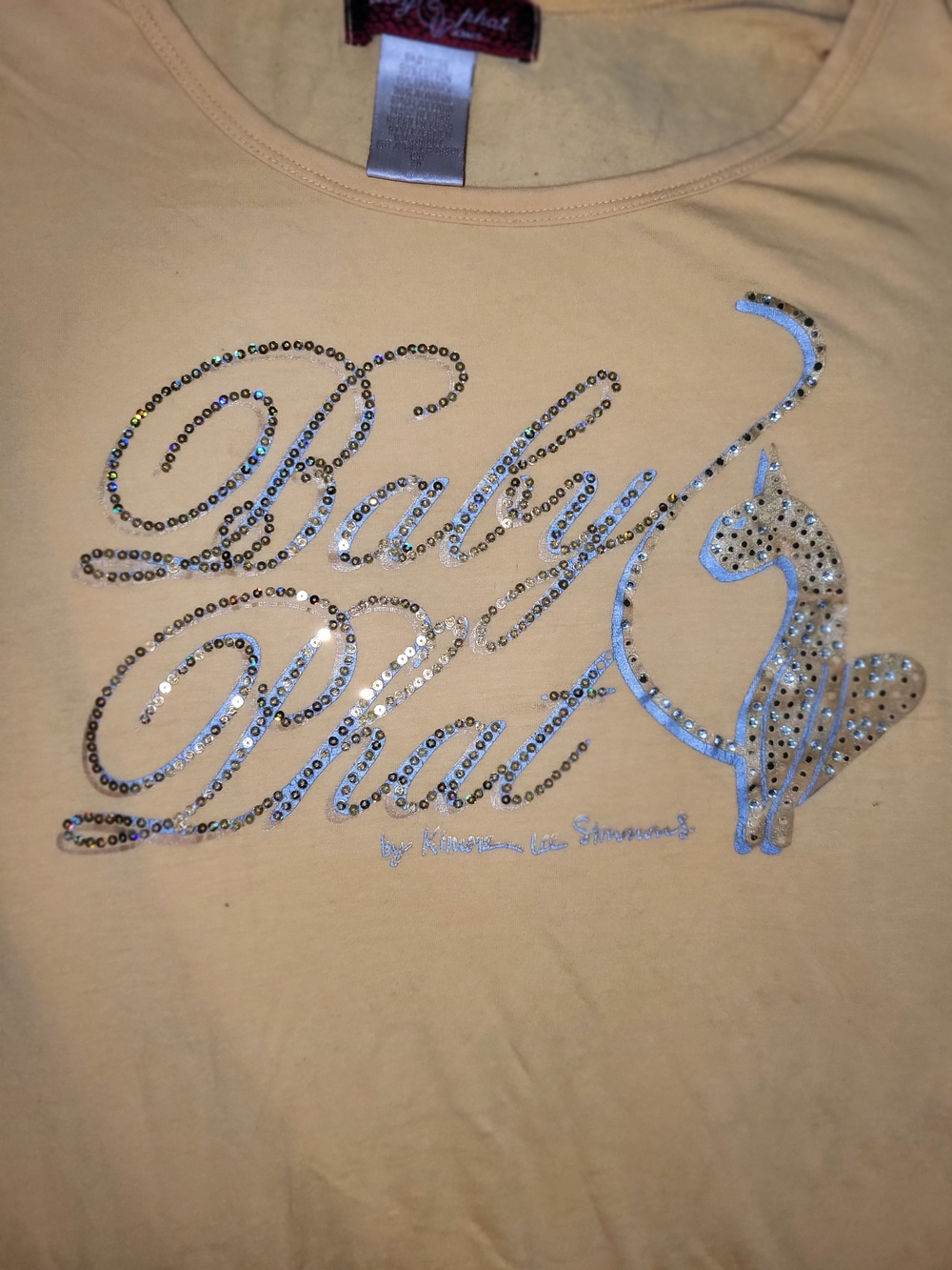 Baby Phat Yellow Sequin Logo Tee with Cat Graphic